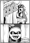  1boy 1girl absurdres domino_mask fangs greyscale here&#039;s_johnny! highres inkling long_hair mask monochrome open_mouth paint_roller parody pointy_ears ponkuta romaji splatoon super_soaker tentacle_hair the_shining 