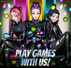  3girls ball black_suit bodysuit braid brown_eyes crossed_arms crossed_legs djqdjrkeh double_bun english_commentary friends hair_bun hair_ornament hair_up hands_on_own_cheeks hands_on_own_face happy head_rest head_tilt highres indoors kpop_demon_hunters leather_suit light_particles long_braid long_hair looking_at_viewer looking_to_the_side mira_(kpop_demon_hunters) multiple_girls parted_bangs parted_lips pink_lips purple_hair rumi_(kpop_demon_hunters) short_bangs single_braid sitting slide smile smirk spot_color spotlight suit twintails wide-eyed zoey_(kpop_demon_hunters) 