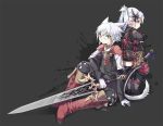  1boy 1girl animal_ears blue_eyes cat_ears cat_tail final_fantasy final_fantasy_xiv green_eyes lalafell miqo&#039;te pointy_ears rue_(ruenis_chronowing) silver_hair sitting standing sword tail thigh-highs weapon 