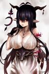  1girl antenna_hair bandaged_arm bandages black_gloves black_hair breasts cleavage crescent danua dress fingerless_gloves gloves granblue_fantasy hair_between_eyes highres horn_ornament horns jewelry large_breasts long_hair looking_at_viewer necklace pointy_ears red_eyes senasky solo white_dress 