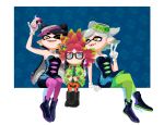  +_+ +_- 3girls anemo_(splatoon) aori_(splatoon) aqua_eyes black-framed_glasses black_dress black_hair boots cellphone clownfish detached_collar dress earrings eyeshadow fangs food food_on_head glasses green_legwear hair_ornament headphones headphones_around_neck hotaru_(splatoon) jewelry long_hair makeup mole mole_under_eye multiple_girls object_on_head one_eye_closed orange_legwear pantyhose phone purple_legwear red_pupils redhead self_shot short_hair silver_hair sitting smile sophie_(693432) splatoon squid_print star_hair_ornament tentacle_hair v 