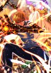  2boys abs bald belt black_sclera cape clenched_hand cyborg embers fire foreshortening genos gloves highres male_focus multiple_boys onepunch_man saitama_(onepunch_man) skin_tight swordsouls yellow_eyes 