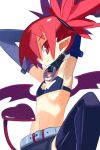  1girl armpits arms_up bat_wings black_legwear black_skirt choker cowboy_shot demon_tail disgaea earrings etna flat_chest jewelry makai_senki_disgaea micro_bra midriff pointy_ears profile red_eyes redhead short_hair skirt skull_earrings slit_pupils solo spiky_hair tail thigh-highs twintails white_background wings yuuki_(irodo_rhythm) 