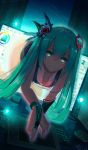  1girl 2015 all_fours alternate_costume aqua_eyes aqua_hair artist_name cable closed_mouth computer_keyboard computer_mouse computer_screen dutch_angle feathers gloves glowing hair_between_eyes hatsune_miku headgear highres long_hair looking_at_viewer one-piece_swimsuit painttool_sai school_swimsuit signature smile solo swimsuit tablet through_screen twintails very_long_hair vocaloid xkc 