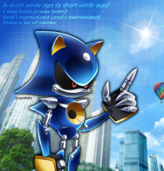  1boy 9474s0ul aircraft animal_ears building claws commentary commentary_request english_text frutiger_aero furry furry_male hedgehog_boy highres hot_air_balloon humanoid_robot lens_flare lyrics male_focus metal_sonic outdoors red_eyes robot solo sonic_(series) sonic_the_hedgehog_(ova) standing tree 