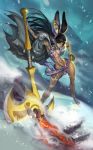  animal_ears armpits axe bandages black_hair cape dark_skin earrings foreshortening fur gloves hand_on_hip hector_enrique_sevilla_lujan highres jewelry long_hair makeup molten_rock mountain muscle navel rabbit_ears snow weapon wide_hips yellow_eyes 