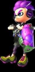  1boy 3d bike_shorts black_shirt blue_eyes crossed_arms cuttlefrsh_(splatoon) eye_mask fingerless_gloves frown full_body gloves gradient_hair headphones holding holding_weapon ink_tank_(splatoon) inkling inkling_boy inkling_player_character looking_ahead lowres multicolored_hair official_art purple_hair shirt shoelaces shoes short_sleeves smile sneakers solo splatoon_(series) splatoon_2 splattershot_(splatoon) spotted_hair standing t-shirt tentacle_hair thick_eyebrows transparent_background two-tone_hair v-shaped_eyebrows weapon yellow_shoes 