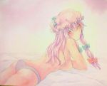  1girl ass blue_bow blue_ribbon bow breasts cowboy_shot from_side hair_ribbon hat hat_ribbon long_hair looking_at_viewer looking_back looking_to_the_side lying on_bed on_stomach panties patchouli_knowledge pink_background purple_hair purple_panties red_bow red_ribbon ribbon seductive_smile sideboob smile solo topless touhou traditional_media underwear underwear_only violet_eyes watercolor_(medium) yuyu_(00365676) 