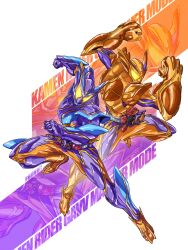  2boys absurdres armor clenched_hands dual_persona full_body glowing glowing_eyes gochipod helmet henshin_belt_gavv highres kamen_rider kamen_rider_gavv kamen_rider_gavv_(series) kamen_rider_gavv_master_mode kamen_rider_gavv_over_mode li_li_li_li_jun looking_at_viewer male_focus multiple_boys orange_armor power_fist purple_armor tokusatsu yellow_eyes 