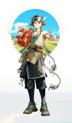  1boy :d animal_ears apple arknights arm_strap armpits bag bare_shoulders belt belt_pouch black_hair black_shorts braid brown_eyes cow_boy cow_ears cow_horns cow_tail earrings food fruit full_body gloves green_shoes grin highres holding holding_bag horns jewelry long_hair looking_at_viewer male_focus necklace official_alternate_costume parted_lips pouch revision shoes shorts single_braid smile solo standing tail v very_long_hair visor_cap wan_qing_(arknights) wan_qing_(tons_of_sunshine)_(arknights) white_gloves yyb 