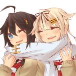  2girls ;d ahoge alternate_costume aul black_hair blonde_hair blue_eyes closed_eyes hair_flaps hair_ornament hair_ribbon hairclip kantai_collection long_hair multiple_girls neckerchief one_eye_closed open_mouth remodel_(kantai_collection) ribbon scarf school_uniform shared_scarf shigure_(kantai_collection) smile yuudachi_(kantai_collection) 