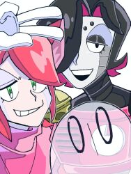  1boy 1girl 1other androgynous android animal_ears bell black_hair cat_ears cat_girl colored_skin cousins ghost gloves hair_bell hair_ornament jingle_bell mad_mew_mew mettaton mettaton_ex napstablook open_mouth pink_hair shio_tou simple_background smile undertale 
