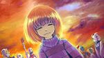  3boys 3girls alphys androgynous armor asgore_dreemurr blonde_hair brown_hair closed_eyes crown frisk_(undertale) good_end heart heart_eyes highres monster_boy multiple_boys multiple_girls papyrus_(undertale) ponytail redhead robe sans saturnspace scarf skeleton smile spoilers striped striped_sweater sunset sweater tagme toriel undertale undyne 