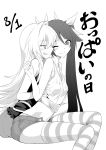  2girls character_request dated hand_under_clothes highres licking_lips looking_at_another looking_back midriff monochrome multiple_girls navel one_eye_closed ore_twintail_ni_narimasu smile striped striped_legwear thigh-highs tongue tongue_out translated tsube_aika yuri yuto_(dialique) 