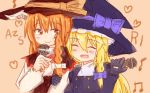  2girls azusa_(cookie) blonde_hair blush braid brown_hair character_name closed_eyes commentary_request cookie_(touhou) gloves hat hat_ribbon heart kirisame_marisa long_hair microphone multiple_girls musical_note nnns open_mouth orange_hair rei_(cookie) ribbon ribbon_trim smile touhou witch_hat 