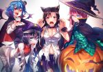  4girls adapted_costume all_fours alternate_costume animal_ears bandaged_arm bandaged_head bandaged_leg bandages bare_arms bat_hair_ornament bat_wings beret black_hair blue_eyes blue_hair breasts brown_hair bubble_skirt cape choker chromatic_aberration claw_pose cleavage collarbone commentary_request cup cupping_glass dress drinking_glass expressionless fang fangs hair_ornament halloween_costume hat hata_no_kokoro imaizumi_kagerou jiangshi large_breasts long_hair looking_at_viewer midriff mini_hat miyako_yoshika moon multiple_girls navel night open_clothes open_mouth open_shirt purple_dress remilia_scarlet shirt short_hair skirt sky smile star_(sky) starry_sky touhou uu_uu_zan very_long_hair vest wine_glass wings witch_hat wolf_ears 