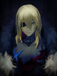  1boy absurdres armor black_armor black_background blonde_hair blood blood_in_hair blood_on_armor blood_on_face blue_eyes dimitri_alexandre_blaiddyd dimitri_alexandre_blaiddyd_(timeskip) eyepatch fire_emblem fire_emblem:_three_houses fur_trim hashtag-only_commentary highres long_hair looking_at_viewer male_focus mao_626 one_eye_covered scanlines solo upper_body 
