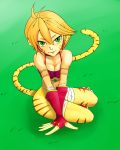  1girl animal_ears bare_shoulders breasts breath_of_fire breath_of_fire_ii capcom cat_ears cat_tail furry green_eyes highres no_panties no_pants orange_hair pointy_ears rinpoo_chuan short_hair solo striped tail white_background 