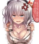  1girl anger_vein blue_eyes blush breasts buttons cleavage collarbone commentary_request epaulettes frown jacket kantai_collection kashima_(kantai_collection) large_breasts looking_at_viewer open_mouth silver_hair simple_background solo tai_(nazutai) tears translation_request trembling tsurime twintails upper_body wavy_hair white_background 