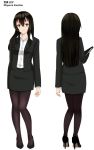  1girl beifeng_han black_hair black_legwear black_shoes character_name character_sheet dress_shirt from_behind hair_between_eyes high_heels long_hair looking_at_viewer miyaura_sanshio office_lady original pantyhose pencil_skirt shirt shoes simple_background skirt smile solo violet_eyes white_background 