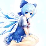  1girl barefoot blue_dress blue_eyes blue_hair cirno dress gradient gradient_background hair_ornament hair_ribbon highres ice ice_wings kurosuke_(chatnoir_evil) looking_at_viewer puffy_sleeves ribbon short_hair short_sleeves sitting smile solo touhou wings 