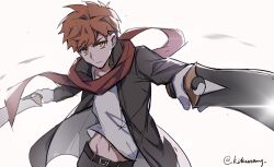  1boy artist_name black_coat brown_eyes coat dual_wielding emiya_shirou fate/stay_night fate_(series) highres holding holding_sword holding_weapon kanshou_&amp;_bakuya_(fate) kikusang male_focus red_hair red_scarf scarf shirt signature solo sword twitter_username weapon white_shirt 