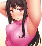  1girl :o arm_behind_head arm_up armpits blush brown_hair covered_nipples long_hair looking_at_viewer open_mouth original pink_hair sakaura_(layer255) simple_background solo sweater_vest upper_body vertical_stripes water water_drop wet white_background 
