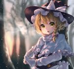  1girl apron blonde_hair blurry bow braid breath capelet depth_of_field forest gloves hair_bow hair_ornament hat hat_ribbon kirisame_marisa long_sleeves looking_at_viewer nature open_mouth pyonsuke_(pyon2_mfg) ribbon shirt short_hair side_braid single_braid solo touhou tree turtleneck upper_body vest waist_apron white_gloves witch_hat yellow_eyes 