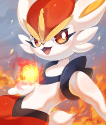  1other :d blush bright_pupils cinderace commentary_request fire grey_background highres iwasi_29 open_mouth other_focus pokemon pokemon_(creature) red_eyes smile solo upper_body white_pupils 