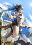  1girl above_clouds absurdres alternate_costume alternate_hairstyle artist_name backlighting bangs belt bike_shorts bird blue_hair blue_sky blurry boots bow bracelet clouds copyright_name crow depth_of_field floating_rock flower food foreshortening fruit hair_flower hair_ornament highres hinanawi_tenshi holding_sword holding_weapon jewelry knee_boots leg_up light_trail looking_afar mountain open_hand orange_eyes parted_lips peach perspective rainbow sample shirt sky small_breasts solo standing_on_one_leg sunlight sunshine_(1638509769) sword thighs touhou twintails weapon white_shirt 