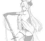  1girl blush braid breasts granblue_fantasy hair_over_one_eye highres holding_sword holding_weapon horns katana large_breasts long_hair looking_at_viewer monochrome narumeia_(granblue_fantasy) parted_lips pointy_ears sakiyo_cake sideboob simple_background single_thighhigh solo sword thigh-highs weapon white_background 