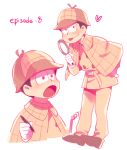  1boy :p bangoul bent_over black_hair capelet deerstalker detective gloves hand_on_hip hat heart magnifying_glass male_focus notebook osomatsu-kun osomatsu-san osomatsu_(osomatsu-kun) pen smile solo tongue tongue_out white_gloves 