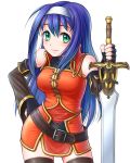  1girl bare_shoulders belt blue_hair blush detached_sleeves fingerless_gloves fire_emblem fire_emblem:_akatsuki_no_megami fire_emblem:_souen_no_kiseki gloves green_eyes hairband hand_on_hip headband long_hair mia_(fire_emblem) planted_sword planted_weapon simple_background smile solo soyo2106 sword thigh-highs weapon white_background 