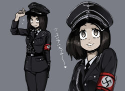 1girl black_hair black_jacket black_pants blush collar_tabs hat hat_ornament highres insignia jacket kill-chan medium_hair military military_dress_uniform military_hat military_uniform nazi necktie original pants peaked_cap reichsadler saki_(c_ybrbnby) shirt short_hair skull_hat_ornament smile totenkopf world_war_ii 