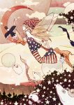  1girl absurdres american_flag_legwear american_flag_shirt barefoot bellbottoms bird blonde_hair closed_eyes clownpiece crescent fairy_wings flying full_body hat highres ichii_tetsuro jester_cap long_hair pants profile rabbit sheep shirt sleeveless solo star striped touhou wings 