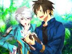  2boys book brown_hair forest green_eyes male_focus mikleo_(tales) multiple_boys nature open_mouth short_hair smile sorey_(tales) tales_of_(series) tales_of_zestiria violet_eyes white_hair 