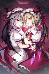  2girls :d apple ascot bad_source bat_wings blonde_hair blood blood_on_hands collared_shirt cowboy_shot fang flandre_scarlet food frilled_shirt_collar frills fruit hat hat_ribbon highres jacknavy long_hair looking_at_viewer mob_cap multiple_girls open_mouth puffy_short_sleeves puffy_sleeves purple_hair red_ribbon red_skirt red_vest remilia_scarlet ribbon shirt short_hair short_sleeves siblings sisters skin_fang skirt smile touhou vest white_hat white_shirt white_skirt wings wrist_cuffs yellow_ascot 