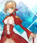  1girl ahoge blonde_hair breasts cleavage dress epaulettes fate/extra fate_(series) green_eyes hair_ornament hair_ribbon leotard looking_at_viewer red_dress ribbon saber_extra see-through smile solo sparkle sword tyokoa4649 weapon 