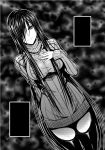  1girl breasts hair_over_one_eye long_hair monochrome mugenshiki original ribbed_sweater smile solo sweater thigh-highs very_long_hair 