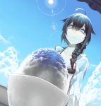  1girl :o ahoge bangs bemanilovers bikini_top black_hair blue_eyes braid clouds drawr dutch_angle from_below hair_flaps hot jacket kantai_collection lens_flare long_hair looking_down open_clothes open_jacket outdoors shaved_ice shigure_(kantai_collection) single_braid sky solo summer sun sweat 