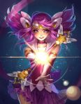  1girl ahoge alternate_costume alternate_hair_color alternate_hairstyle artist_request choker elbow_gloves gloves league_of_legends lens_flare luxanna_crownguard magical_girl pink_hair sailor_collar smile solo star star_guardian_lux tiara twintails violet_eyes wand white_gloves 