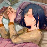  1girl blue_hair blush book idolmaster idolmaster_million_live! kyouno nanao_yuriko pajamas sleeping solo yellow_eyes 