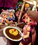  6+girls animal_ears antennae apron blonde_hair blue_eyes blue_hair bow breasts cirno commentary_request curry curry_rice daajirin.koucha fang food fujiwara_no_mokou green_hair hair_bow hair_ribbon hat kamishirasawa_keine long_hair looking_at_viewer multiple_girls mystia_lorelei nearly_naked_apron open_mouth pink_hair red_eyes ribbon rice rumia short_hair sideboob silver_hair skirt spoon sweat tomato tongue tongue_out touhou wings wriggle_nightbug 