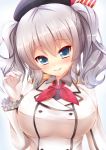  1girl :q blue_eyes blush breasts epaulettes gloves grey_hair hat kane-neko kantai_collection kashima_(kantai_collection) large_breasts long_sleeves looking_at_viewer simple_background smile solo tongue tongue_out tsurime twintails upper_body white_gloves 