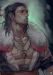  1boy alejandro_tio assassin&#039;s_creed_iii black_hair blood blood_on_face connor_kenway ear_piercing earrings feathers hair_feathers jewelry long_hair looking_away male_focus mononoke_hime necklace piercing scratches signature solo upper_body 
