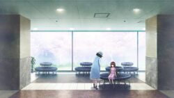  2girls aged_down black_hair blue_eyes blunt_bangs boots brown_hair ceiling chair child coat dress floor game_cg hat highres huke indoors lamp leaning_forward long_hair looking_ahead looking_at_another medium_hair multiple_girls non-web_source official_art plant potted_plant shiina_kagari shiina_mayuri sitting standing steins;gate steins;gate_0 window 