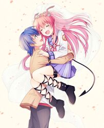  1boy 1girl angel_beats! blue_hair bridal_veil closed_eyes couple highres hinata_(angel_beats!) long_hair pink_hair school_uniform serafuku short_hair soranagi twintails veil violet_eyes yui_(angel_beats!) 