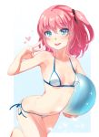  1girl :p ball beachball bikini blue_eyes closers hanon_(heartofsword) highres looking_at_viewer navel pink_hair seulbi_lee side-tie_bikini side_ponytail small_breasts solo swimsuit tongue tongue_out v 