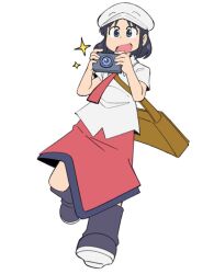  1girl bag black_boots black_hair blue_eyes boots brown_bag camera city_(arawi_keiichi) collared_shirt digital_camera dot_nose full_body hat holding holding_camera izumi_wako necktie open_mouth red_necktie red_skirt scrambled_skies shirt short_hair simple_background skirt smile solo sparkle white_background white_hat white_shirt 