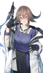  1girl :d absurdres arknights black_gloves black_horns blush brown_hair buttons coat commentary_request cowboy_shot crossed_bangs gloves green_eyes hair_between_eyes hair_ornament highres holding horns looking_at_viewer off_shoulder open_mouth pallas_(arknights) partial_commentary purple_shirt r_oot shirt short_hair_with_long_locks sidelocks simple_background smile solo standing white_background white_coat x_hair_ornament 